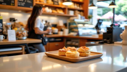 Fototapeta premium Bakery Display with Fresh Cupcakes and Friendly Staff