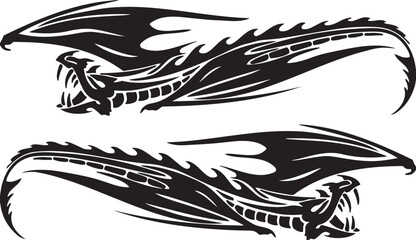 Black ink sketch design of tribal wolf and dragon head tattoo vector illustration