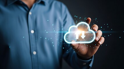Man Holding Cloud Computing Icon - Data Transfer and Technology Concept.