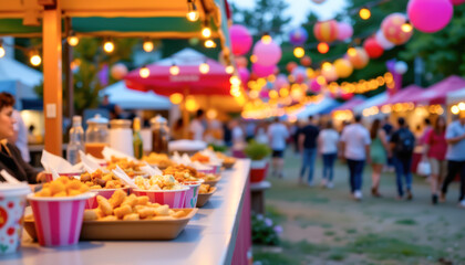 Festive Outdoor Fair with Colorful Decorations and Food Stalls