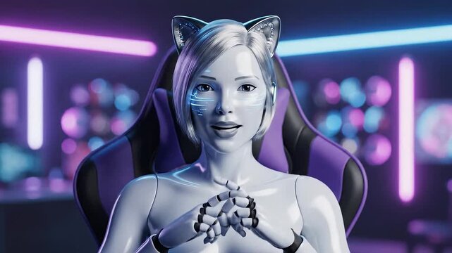 Futuristic AI android with cat ears talking to camera in neon gaming room
