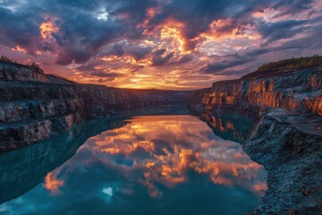 Fototapeta premium Open pit mine showcases vibrant sunset reflection over tranquil turquoise water in a remote mining area