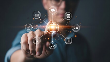 Man interacting with digital interface, futuristic technology concept.