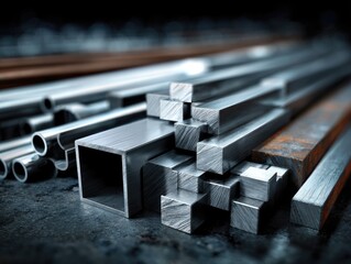 Stack of metal bars & tubes, industrial scene with varying shapes