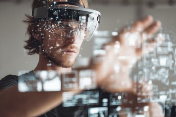 Obraz premium Man engaged in interactive holographic technology within an office environment while utilizing Internet of Things tools