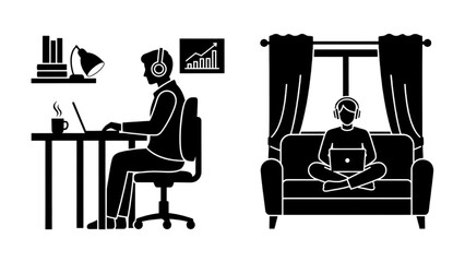 Black silhouette line art of remote workers using laptops at home in relaxed work-from-home setups