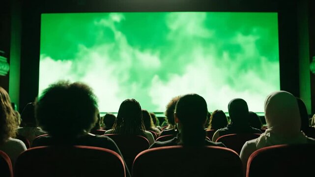 Movie Theater Audience Watching Green Screen Film.