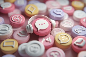Customer support communication concept with colorful engagement symbols and headphones representing modern assistance methods