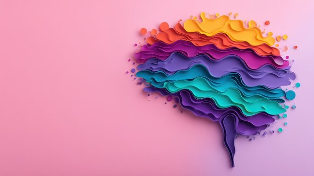 A vibrant, layered paper art representation of a brain, showcasing wavy patterns in rainbow colors against a soft pink background.