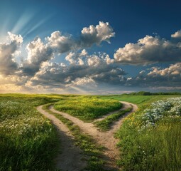 Obraz premium Winding dirt paths diverge across a sunny, flowery meadow under cloudy skies