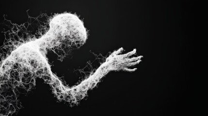 Fototapeta premium A stylized silhouette of a figure made up of intricate lines, reaching out against a dark background, evoking themes of vulnerability and connection.