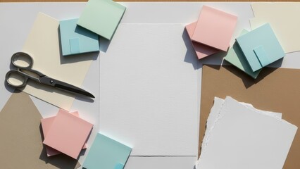 Top view of a variety of colored sticky notes, blank paper, and scissors arranged on a light-colored surface, ideal for office, education, and creative tasks