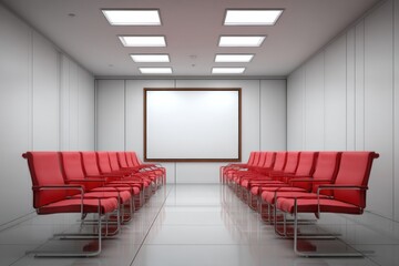 Conference room with red chairs and modern lighting creates an inviting atmosphere for meetings and presentations