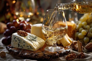 Enjoying aromatic white wine poured into a glass with a selection of cheese, nuts, and fresh fruit on a rustic table setting during a cozy gathering