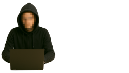 “Anonymous Hacker Using Laptop With Face Pixelated Isolated on Black Background With Copy Space”