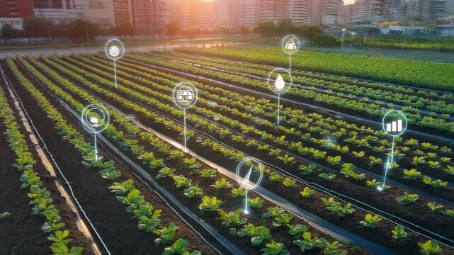 Aerial view of a smart farm with digital icons representing technology and data analysis in agriculture