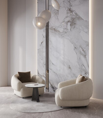 Elegance hall in trendy color of the year 2026, white interior with armchair, lamp and marble panel, 3d rendering