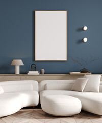 Big frame poster mockup in dark blue living room with white sofa, 3d render