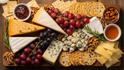 A delicious spread of assorted cheeses, fruits, nuts, and crackers arranged artfully on a wooden board, perfect for a gathering or a gourmet snack