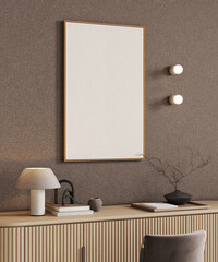Vertical wooden frame mockup on brown  wall background and wooden console, 3d rendering