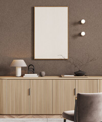Vertical wooden frame mockup on brown  wall background and wooden console, 3d rendering