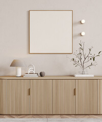 Mock up square frame in white cloud dancer, home interior background, pantone 2026 color, 3d render