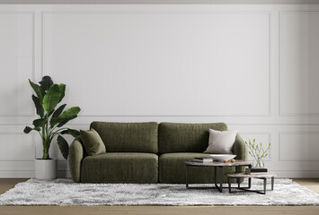 Stylish living room interior cloud dancer pantone with green sofa mock up, modern interior background, empty white wall mockup, 3d illustration