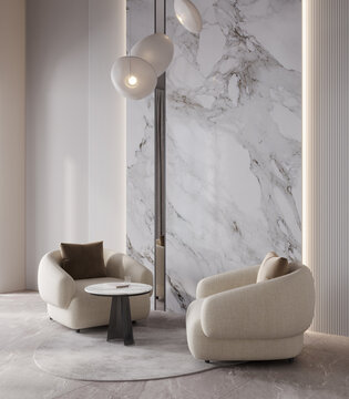 Elegance hall in trendy color of the year 2026, white interior with armchair, lamp and marble panel, 3d rendering