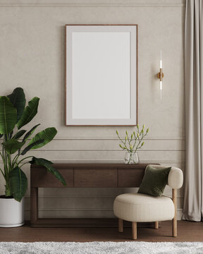 Vertical wooden frame mockup on plaster wall background wooden console, and chair, 3d rendering
