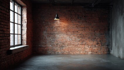 Obraz premium Dimly lit interior with brick wall, concrete floor, and window with hanging lamp