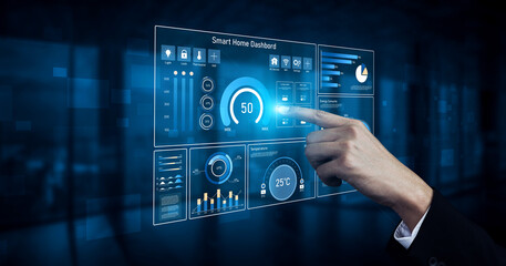 Smart home dashboard manages IoT system. Smart home dashboard controls temperature, dashboard tracks energy, smart home handles devices, and smart home dashboard monitors data. Vouch