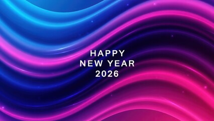 Radiant Happy New Year 2026 Wishes on Blue and Pink Wavy Background, Festive Greeting Card