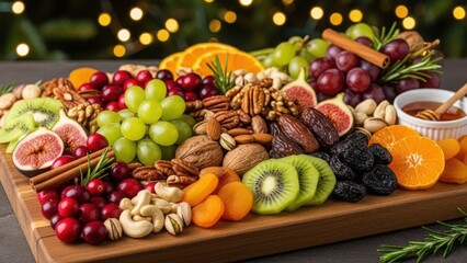 Festive Holiday Charcuterie Board with Fresh Fruits, Assorted Nuts, and Dried Fruits for Christmas and New Year
