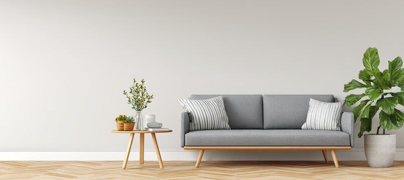 Minimalist living room gray sofa, plant, table, and herringbone floor