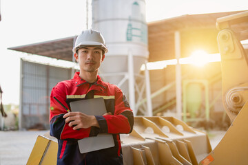 A young construction engineer leaning against the scoop of a large bulldozer in an industrial area, operating heavy equipment, project within a material processing or construction environment.