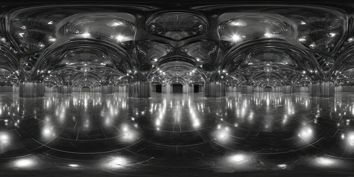 360 view of hall with columns, arches, and glossy floor, in grayscale