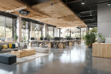 Modern office space with open layout, natural light, and creative design, showcasing workstations and lounge areas in a contemporary business environment