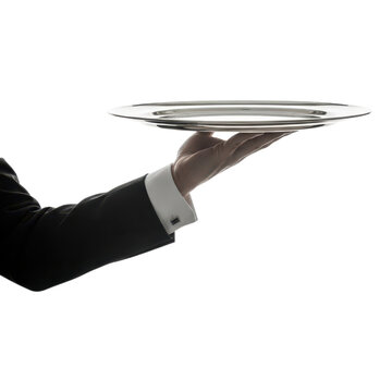 Waiters hand holding silver serving tray isolated on transparent background