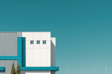 Modern industrial building featuring blue accents against a clear sky captures the essence of contemporary architecture and urban design in a vibrant setting