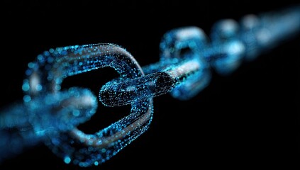 Glowing chain links made of particles, against a dark backdrop, blurred