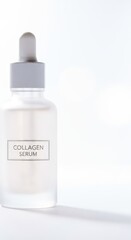 Frosted glass dropper bottle containing skincare product rests against a bright white background