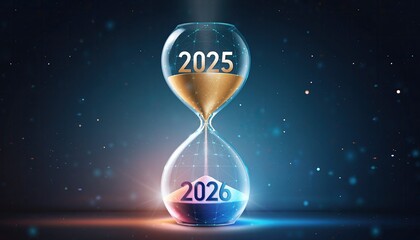 Hourglass with years 2025 and 2026, futuristic background