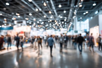 Fototapeta premium Busy expo showcasing various booths and attracting large crowds amidst a lively atmosphere during a recent industry event in an expansive venue