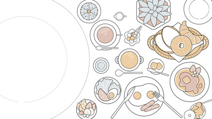 大人ミニマルの朝食カフェ俯瞰レイアウト｜シンプル背景のベクターバナー素材