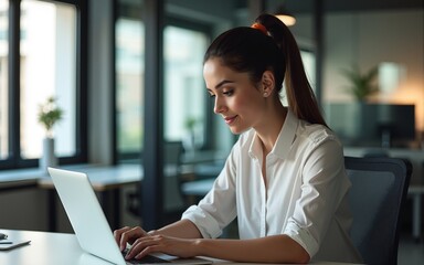Young businesswoman professional employee using pc doing online banking analysing at workplace. Latin hispanic middle age business woman working on laptop computer in modern office. Banner, copy space