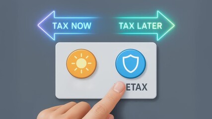 Time value retirement planning with hand on button choosing tax now or tax later for smart finance decision and secure financial choice