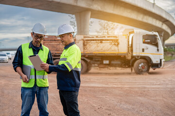 Two construction engineers, wearing hard hats and high-visibility vests, stand at a highway interchange construction site. discussing plans with his colleague who holds a walkie-talkie and tablet.