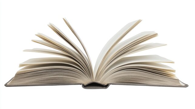 27.A transparent PNG image of an open book with smooth, detailed pages, laying flat on a white background, perfect for use in digital designs and presentations, emphasizing the purity and openness of