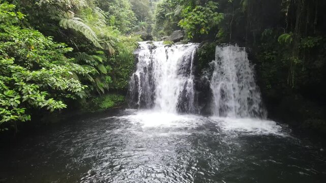 Aerial Footage of Sebrangan Waterfall Surrounded by Bamboo Forest, Java Island, Indonesia