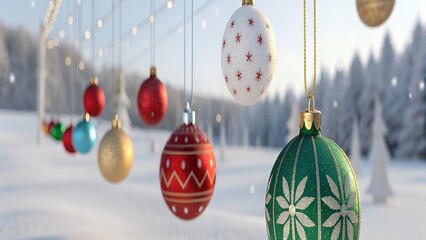 Vibrant Christmas ornaments dangle beautifully against a sunny, snowy winter forest backdrop creating festive holiday magic